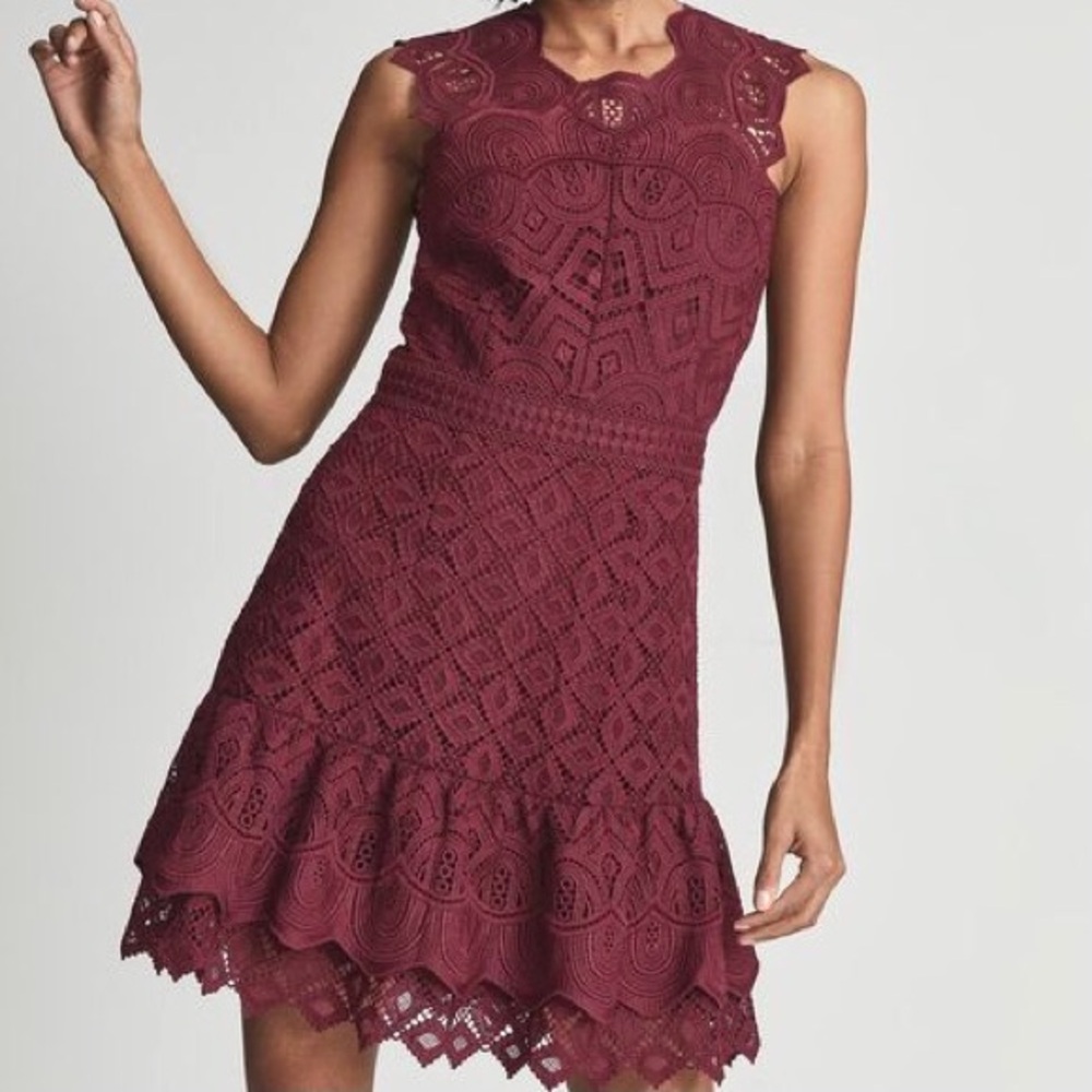 Reiss Burgundy Color Lace Delilah Ruffled Mini Dress Size 6 - Picture 7 of 11